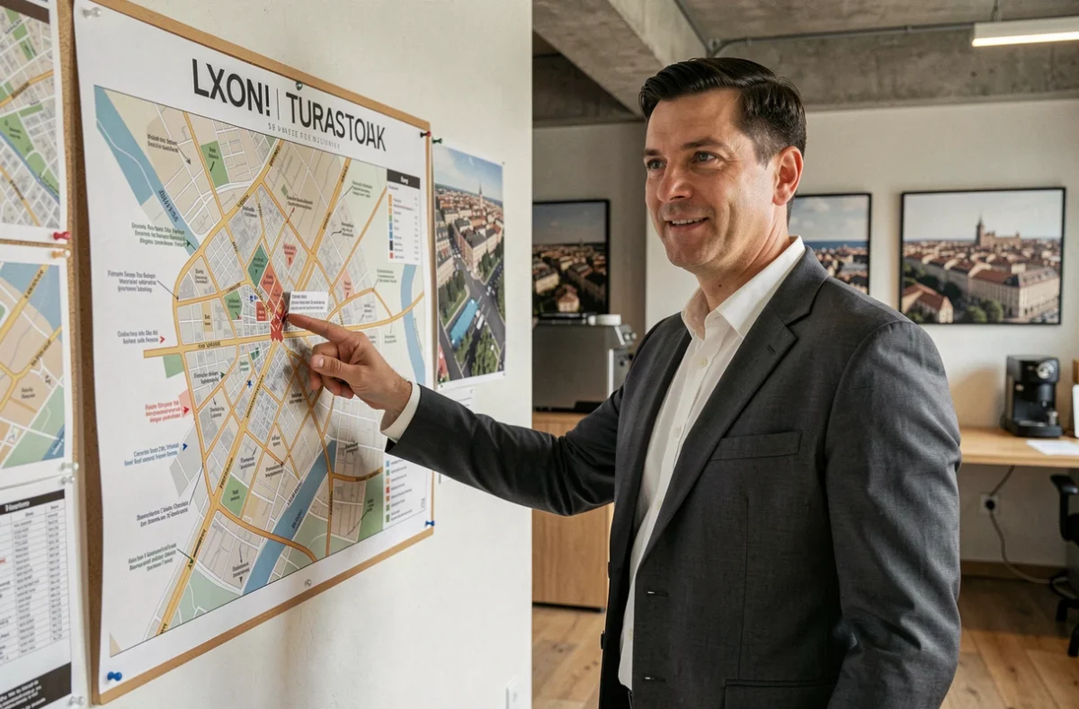 Conseiller immobilier présentant une carte des quartiers de Lyon pour guider un investissement immobilier locatif