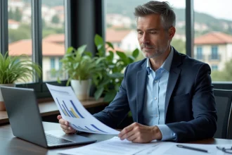 Conseiller immobilier analysant des documents fiscaux dans un bureau moderne avec vue sur un quartier en coteaux