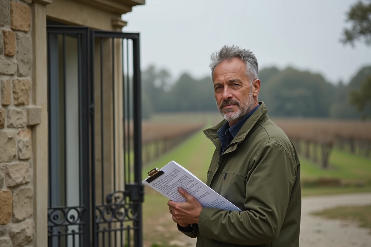 Consultant agricole évaluant un domaine viticole bordelais en vente pour une conversion en agriculture biologique