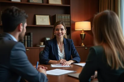 Notaire femme en consultation gratuite avec un couple pour conseils juridiques sur divorce ou PACS