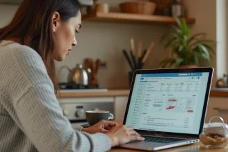 Copropriétaire consultant ses documents sur MyFoncia depuis son ordinateur portable dans sa cuisine