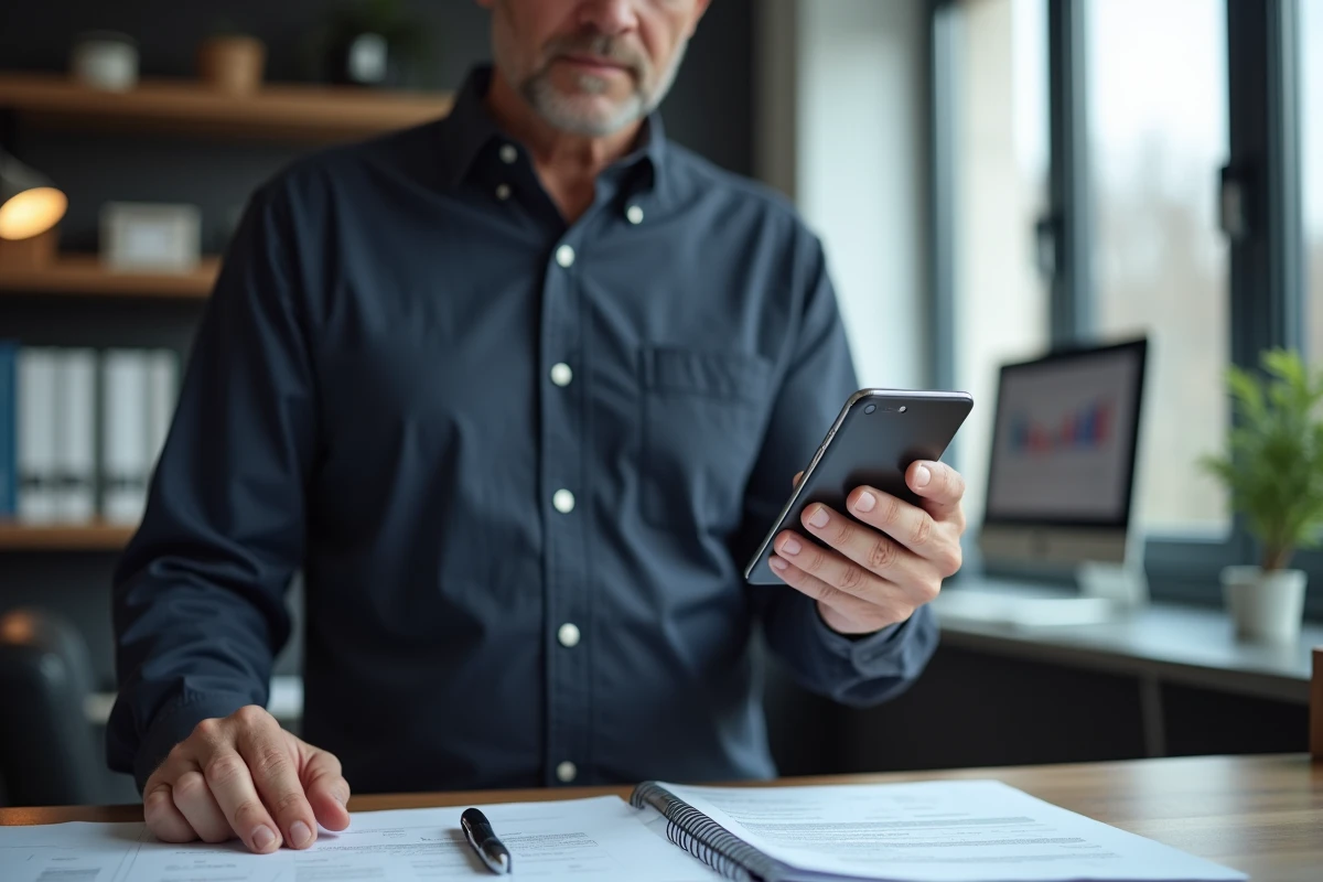Copropriétaire consultant l'interface MyFoncia sur smartphone dans un bureau à domicile entouré de documents de copropriété
