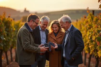 Groupe de copropriétaires examinant des raisins dans un vignoble bordelais en automne