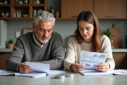 Couple d'adultes regardant des factures et brochure immobilier