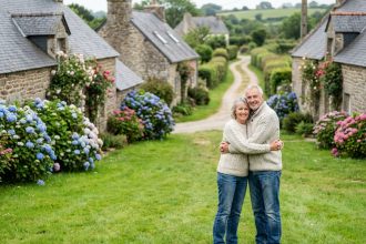 Couple souriant dans un village breton avec cottages et hortensias