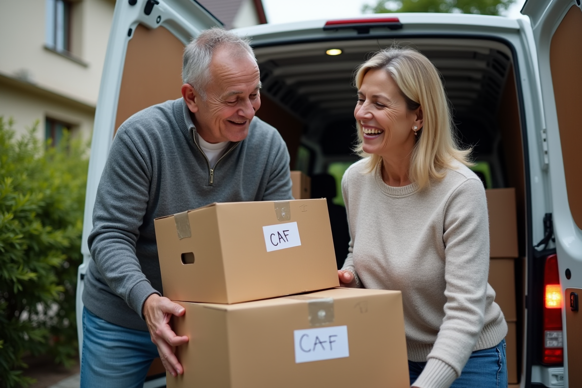 Couple chargeant des cartons dans une voiture devant un immeuble