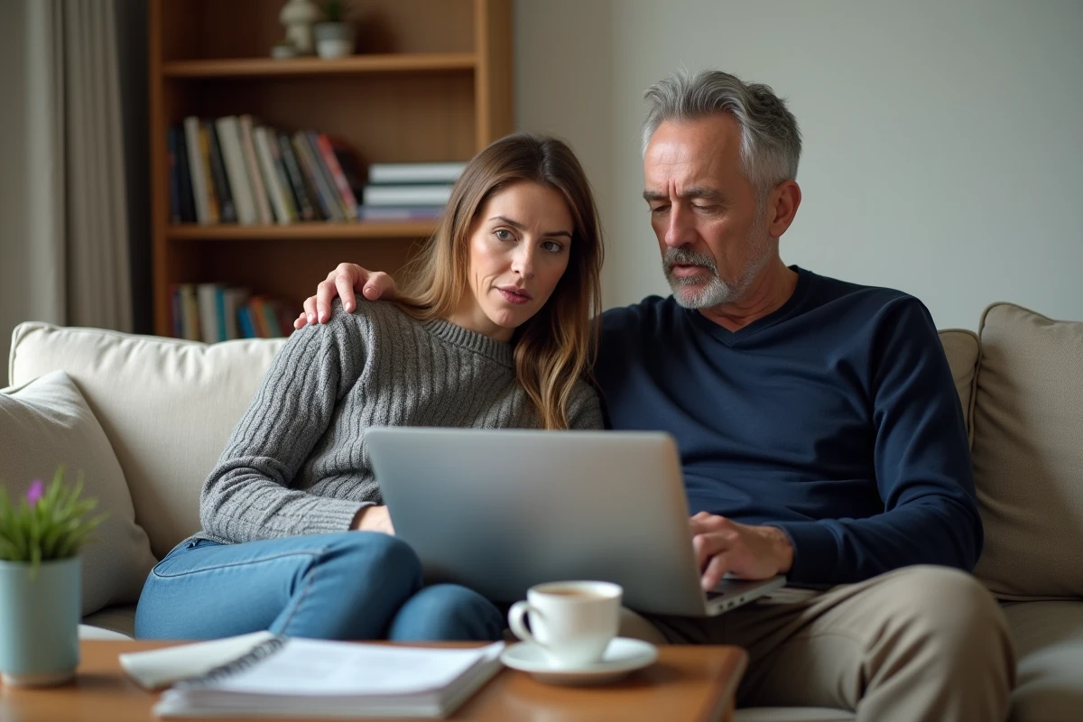 Couple consultant des annonces immobilières gratuites sur un ordinateur portable dans un salon pour détecter les fausses offres