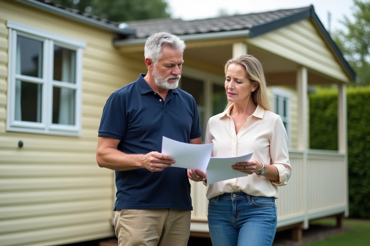 Couple examinant des documents de rachat de mobil home devant leur résidence de loisirs