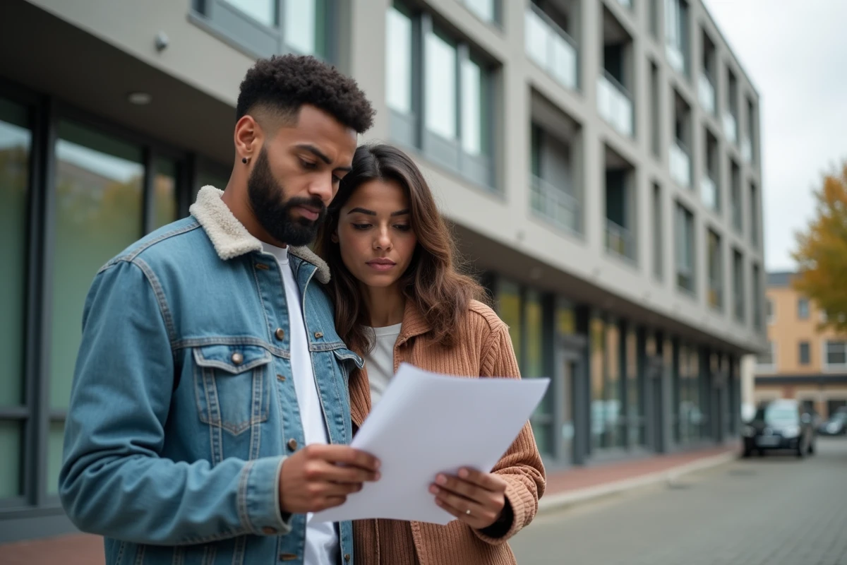 Couple examinant des documents devant un office HLM pour accélérer leur demande de logement social