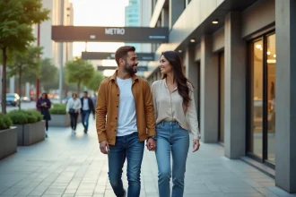 Jeune couple à Dubai Metro dans un environnement urbain