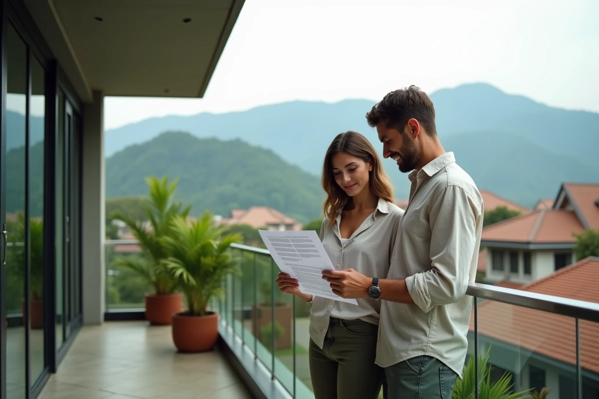 Couple étranger consultant un contrat d'achat de condominium sur un balcon avec vue sur les montagnes de Chiang Mai en Thaïlande