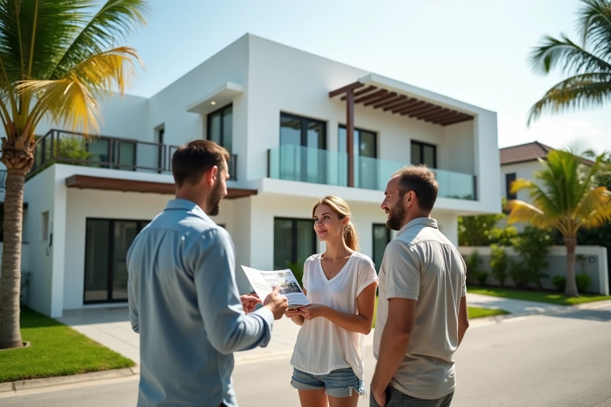 Couple français visitant une villa à vendre à Koh Samui avec un agent immobilier thaïlandais