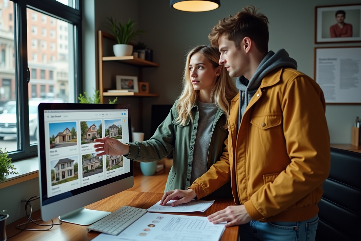 Jeune couple étudiant des annonces immobilières en bureau
