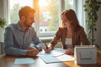 Jeune couple confiant examinant des documents d'investissement