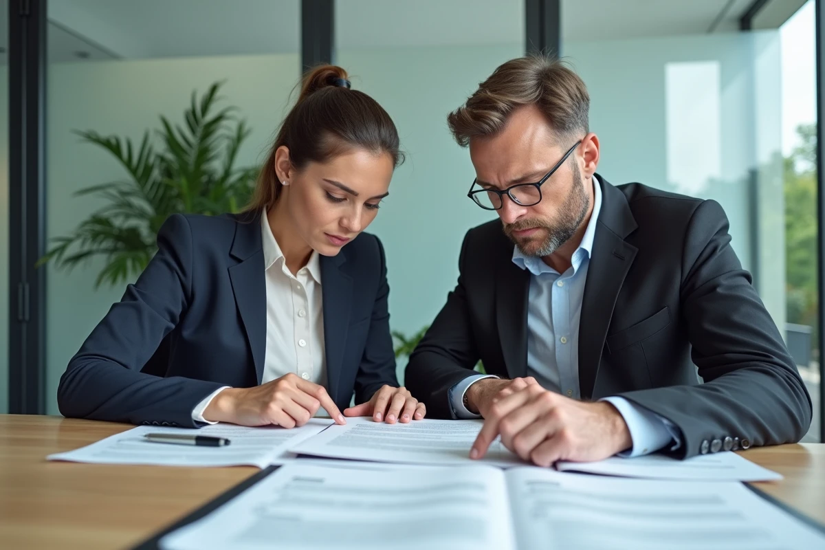 Couple de futurs acheteurs immobiliers relisant attentivement un acte notarié avant de signer