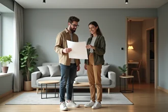 Jeune couple dans un appartement moderne en train de revoir un plan