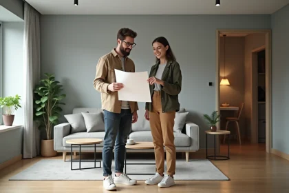 Jeune couple dans un appartement moderne en train de revoir un plan