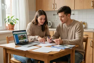 Jeune couple primo-accédant en train d'étudier des documents de prêt immobilier à leur table de cuisine