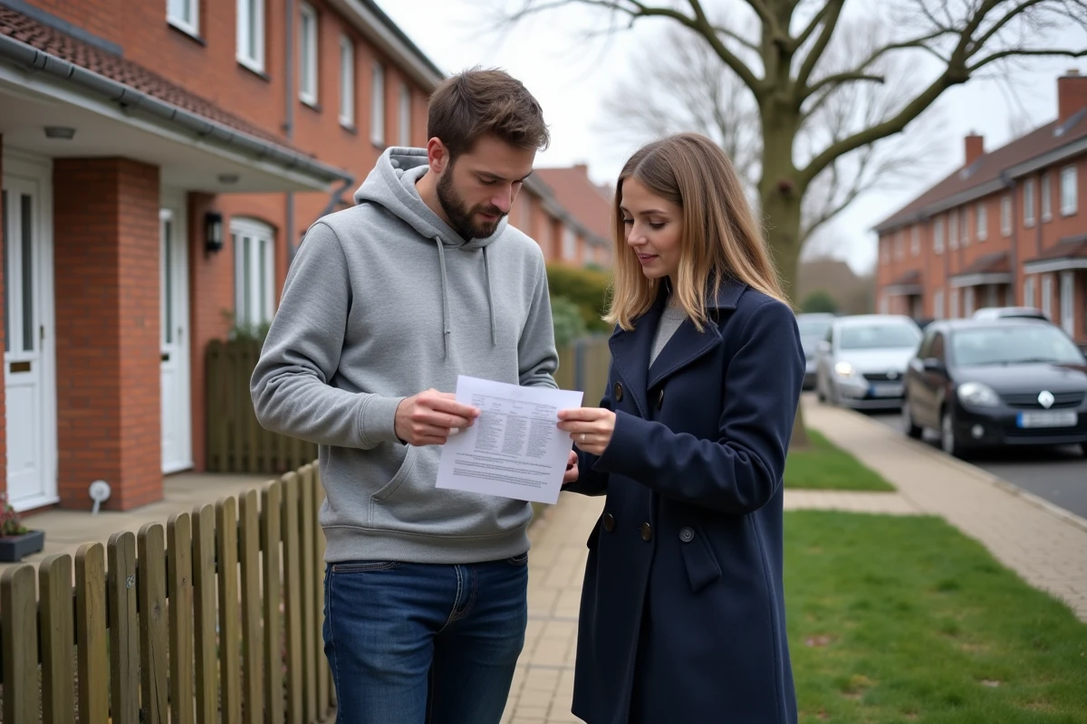 Couple consultant une annonce de location devant une maison avec jardin dans un quartier résidentiel du Havre