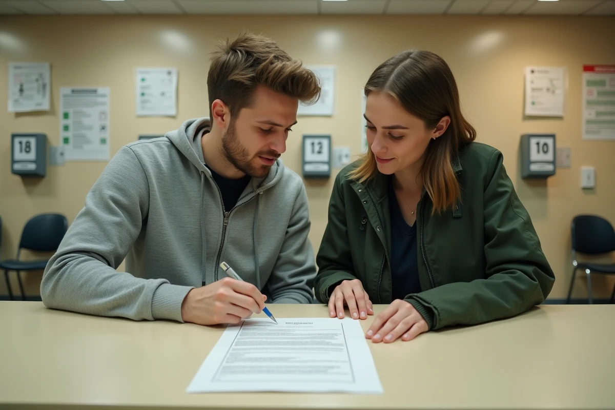 Couple lisant les documents de bail dans une agence de logement social après avis favorable de la commission