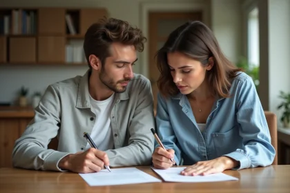 Jeune couple signant des documents dans une cuisine