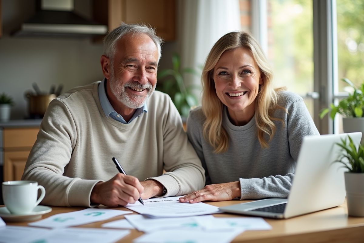 Couple signant un contrat de prêt immobilier dans leur appartement