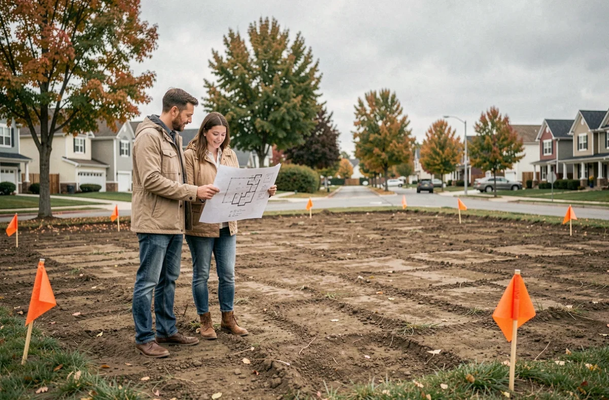 Couple debout sur un terrain à construire avec plan architectural, projet immobilier