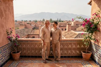 Couple de propriétaires admirant la vue panoramique sur les toits de Marrakech depuis la terrasse de leur riad acheté comme résidence secondaire