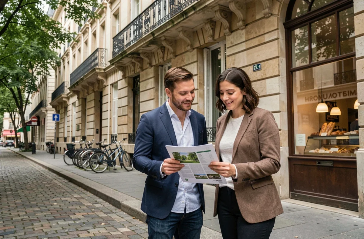Couple visitant un immeuble haussmannien à Lyon pour un projet d'investissement immobilier dans le 6ème arrondissement
