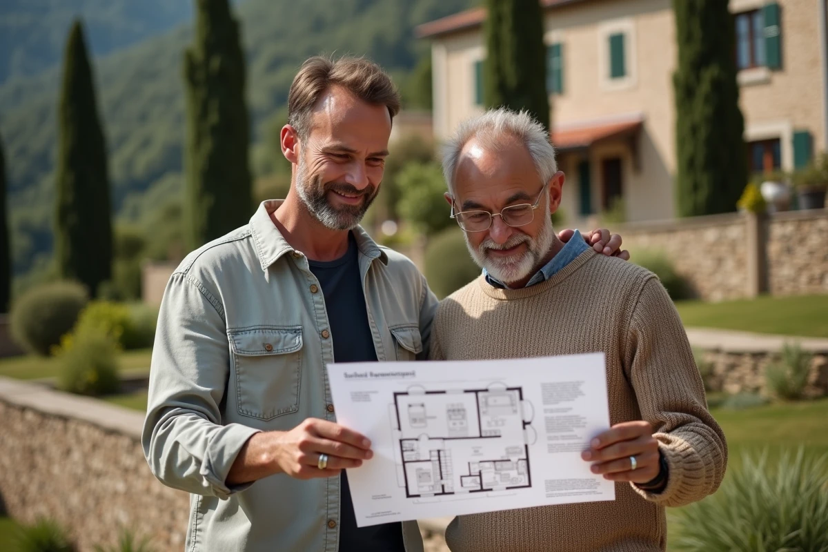 Couple visitant une propriété en coteaux et consultant un plan pour optimiser leur projet immobilier