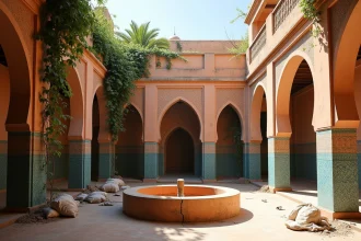Cour intérieure d'un riad à rénover à Marrakech avec zellige ancien, fontaine en pierre et arcades en stuc sculptées