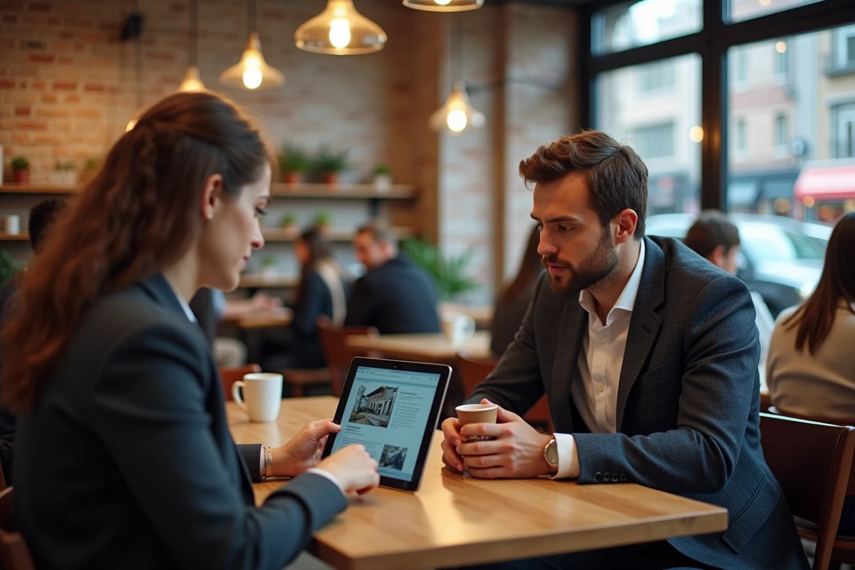 Homme et femme regardant une tablette dans un cafe