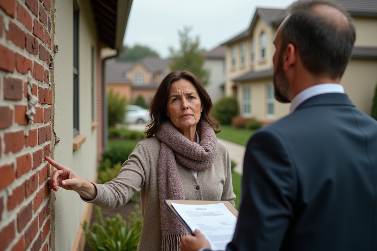 Femme discutant avec un professionnel devant une maison endommagee