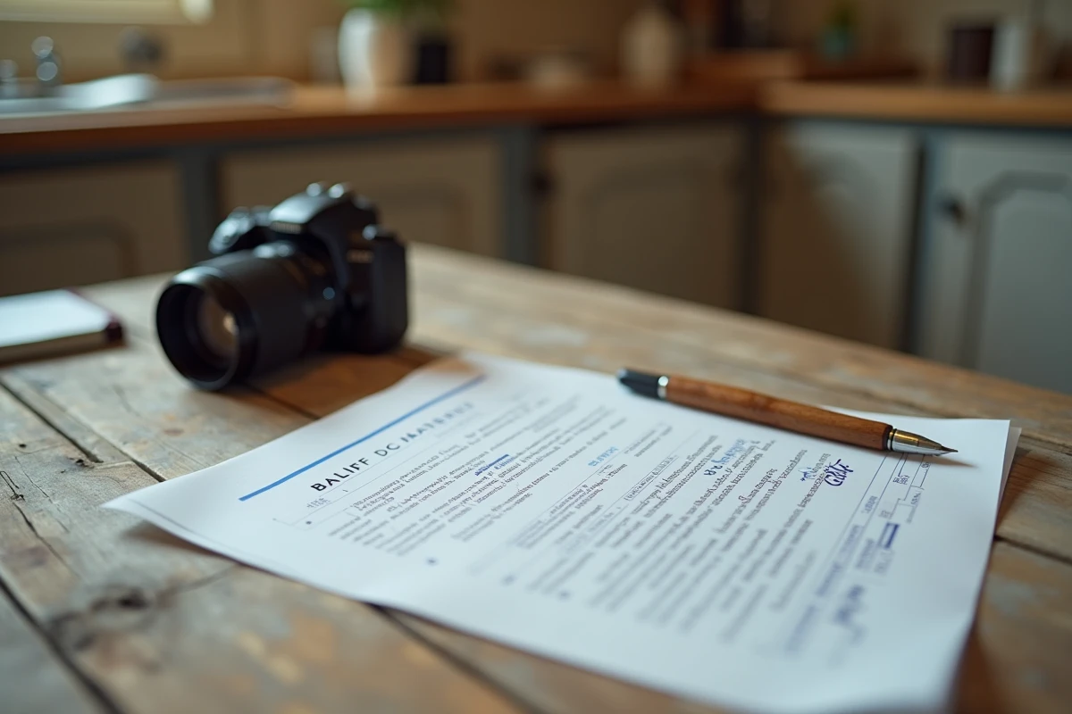 Document officiel de constat huissier avant travaux posé sur une table en bois dans une maison ancienne