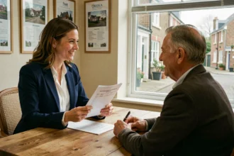 Femme présentant son dossier de location à un propriétaire dans une agence immobilière en Seine-Maritime