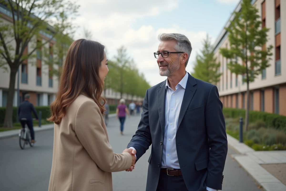 Élu local et chef de projet immobilier se serrant la main devant un ensemble de logements sociaux rénovés avec toiture végétalisée dans une commune française