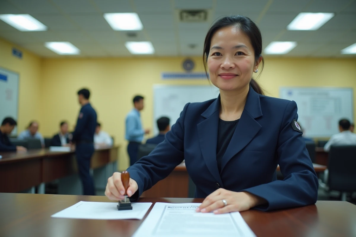 Officière du département foncier thaïlandais tamponnant des documents officiels de transfert de propriété d'un condominium à Phuket