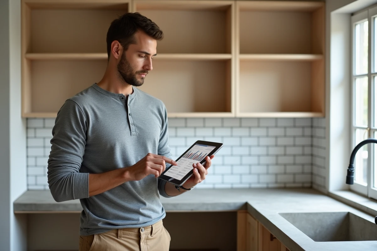 Entrepreneur en rénovation consultant les statistiques de son blog business sur une tablette dans une cuisine en travaux