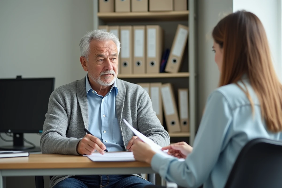 Homme en entretien avec un conseiller logement social dans un bureau administratif pour constituer son dossier
