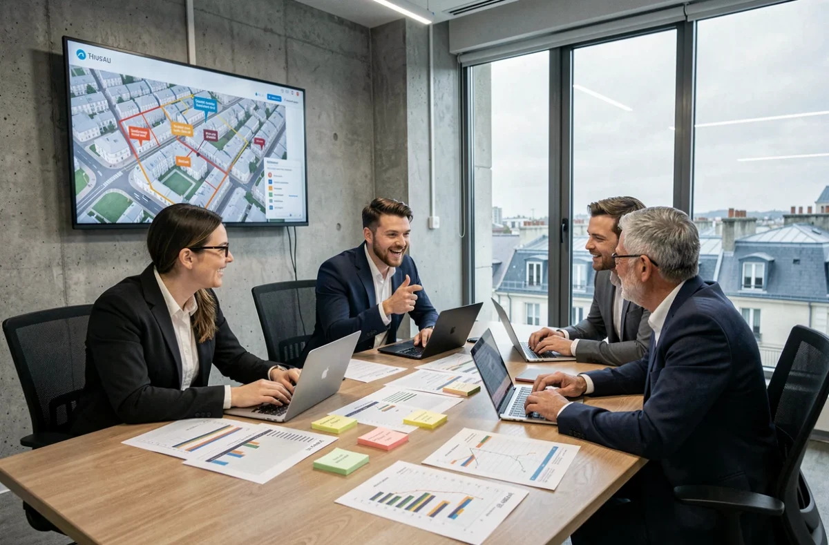Équipe de professionnels de l'immobilier analysant des avis et données d'investissement dans un bureau moderne à Paris