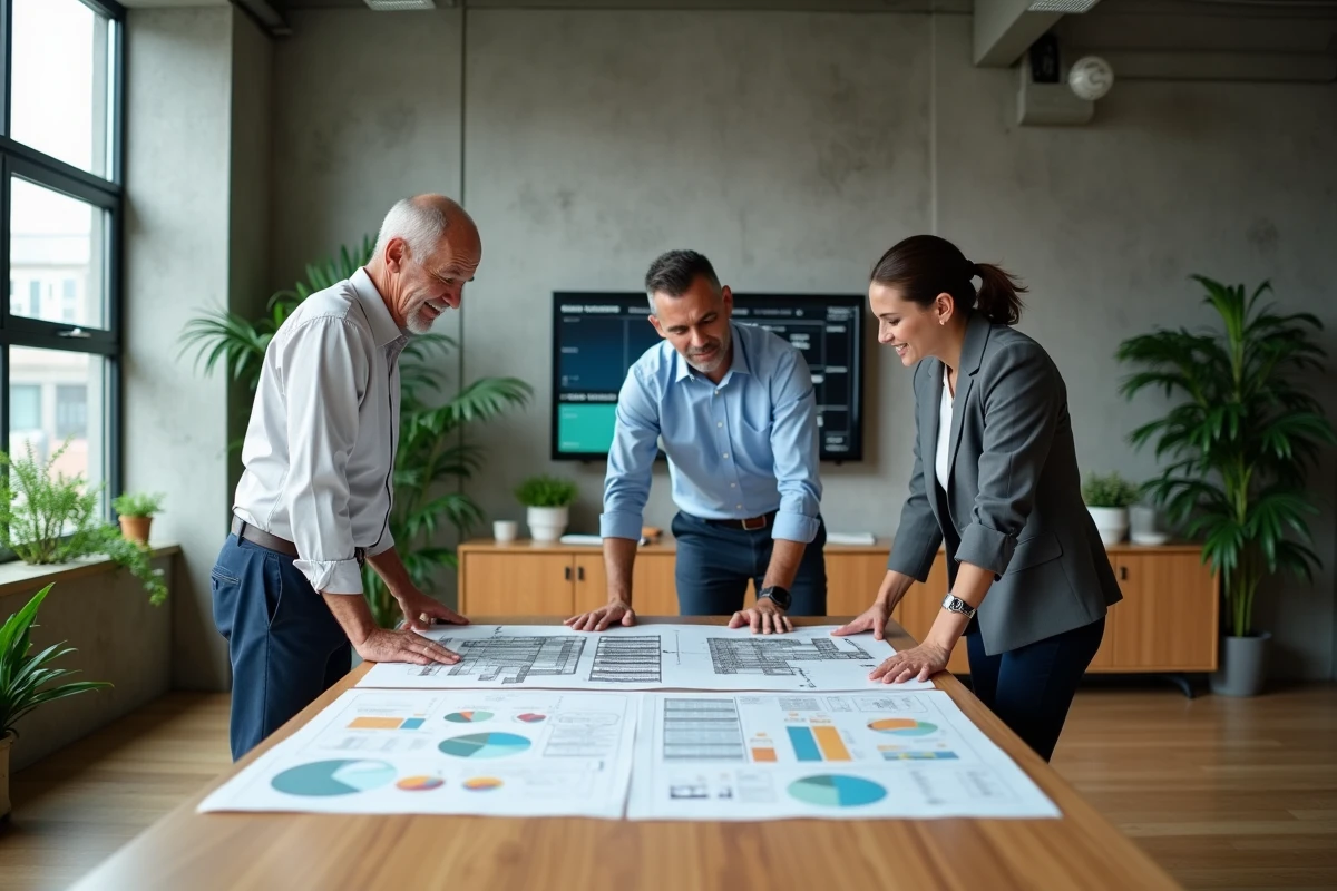Équipe de planification urbaine d'une collectivité analysant des plans immobiliers et des indicateurs RSE autour d'une table de travail municipale