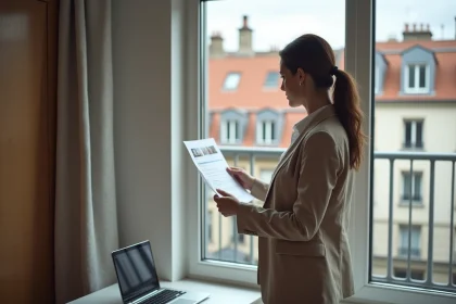 Femme consultant une estimation de loyer dans un appartement moderne avec vue sur les toits de Lyon