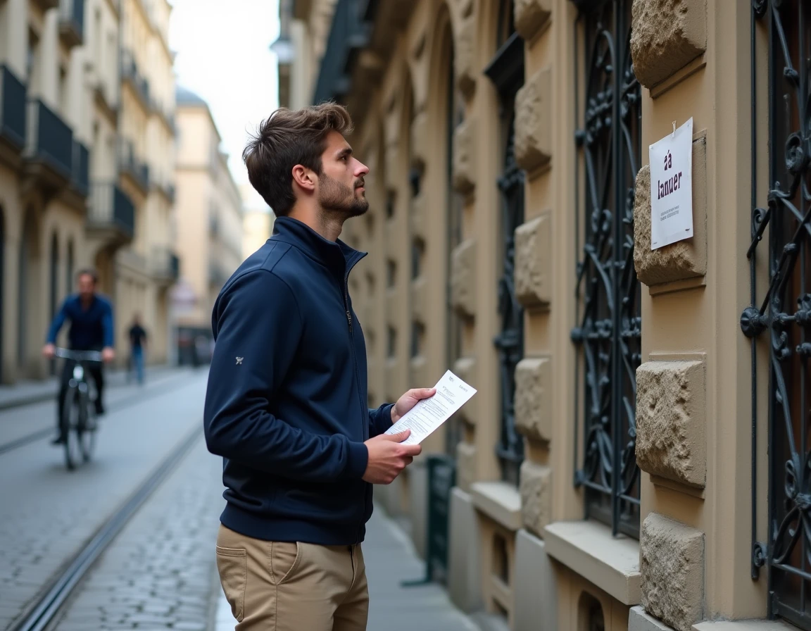 Jeune étudiant consultant une annonce de location devant un immeuble du centre-ville de Grenoble avec panneau à louer