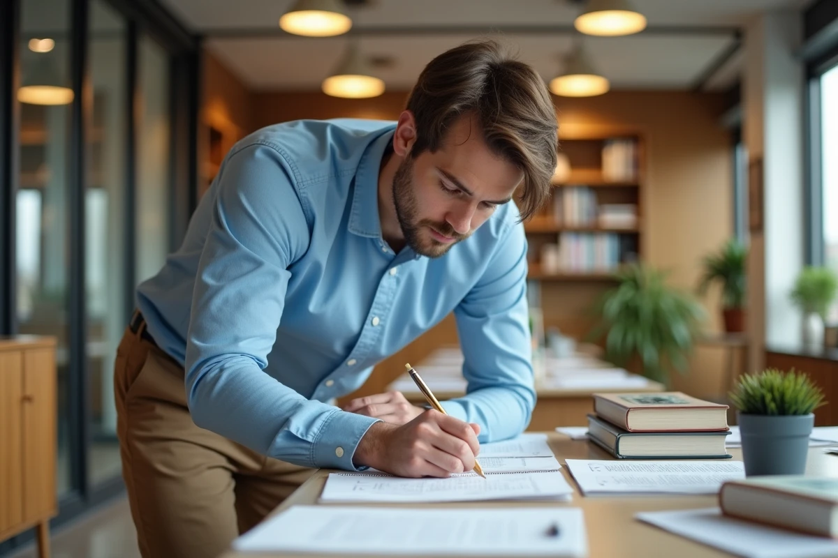 Étudiant en chemise bleue dans un espace d