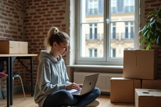 Étudiante cherchant une location dans le centre de Grenoble sur son ordinateur depuis un studio avec cartons de déménagement