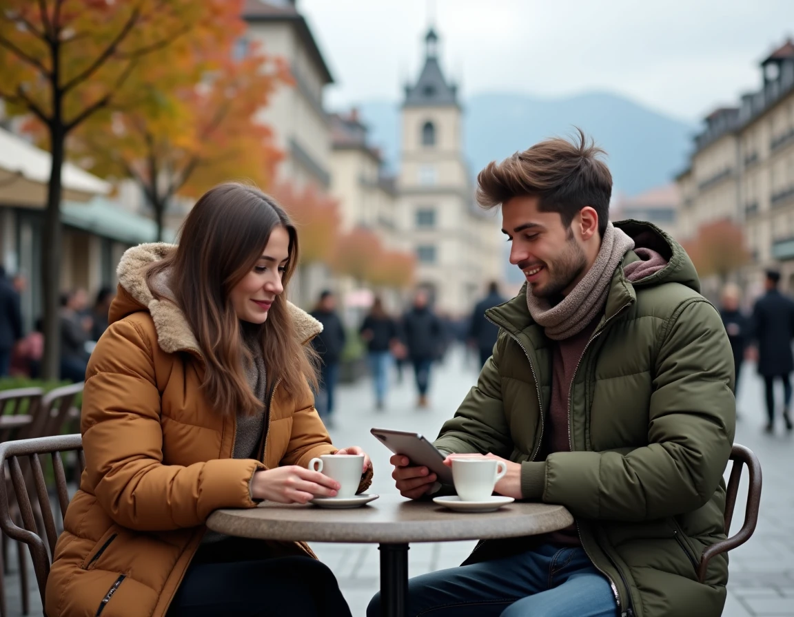 Deux étudiants consultant des annonces de logement sur une tablette en terrasse de café place Grenette à Grenoble en automne