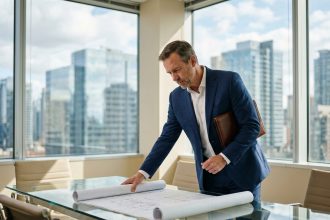 Expert immobilier professionnel analysant des plans architecturaux dans un espace de bureaux moderne avec vue urbaine