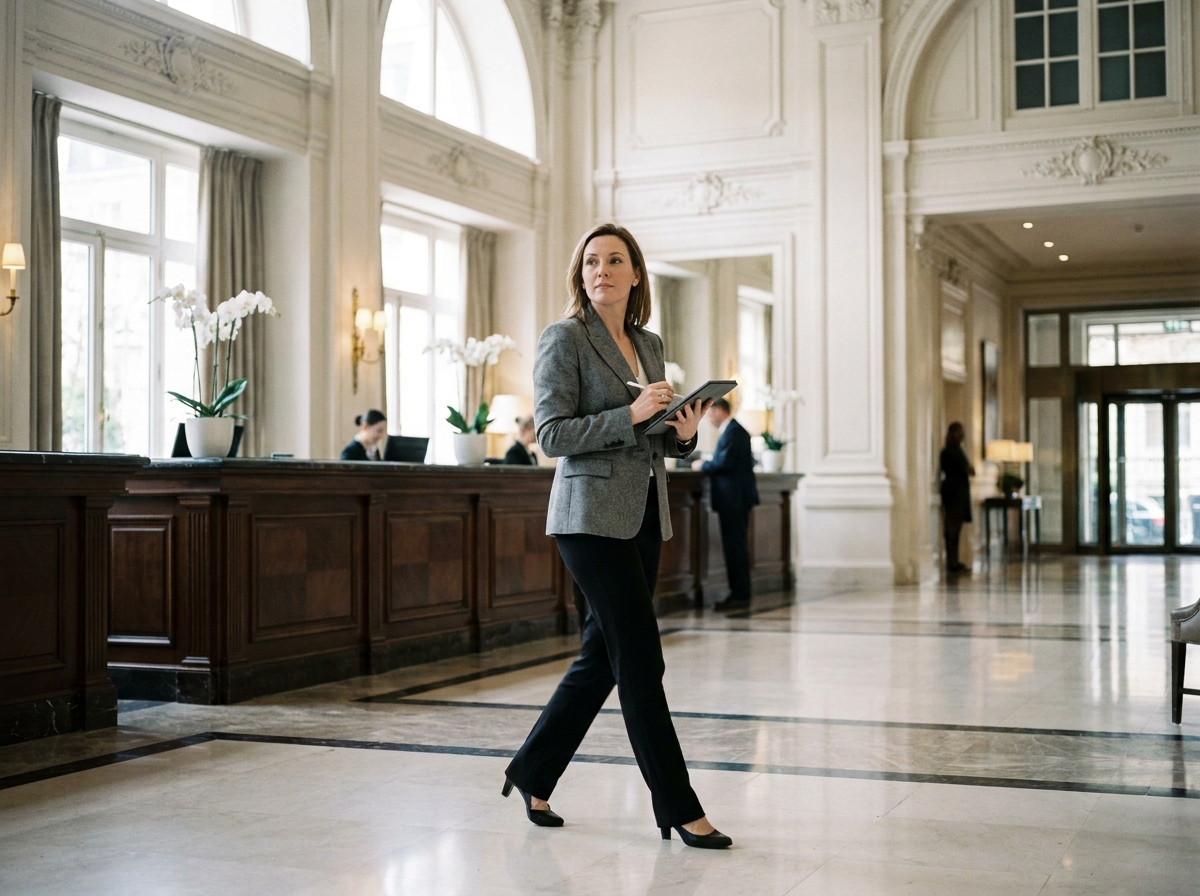 Consultante en expertise immobilière effectuant une évaluation dans le hall d'un hôtel de luxe