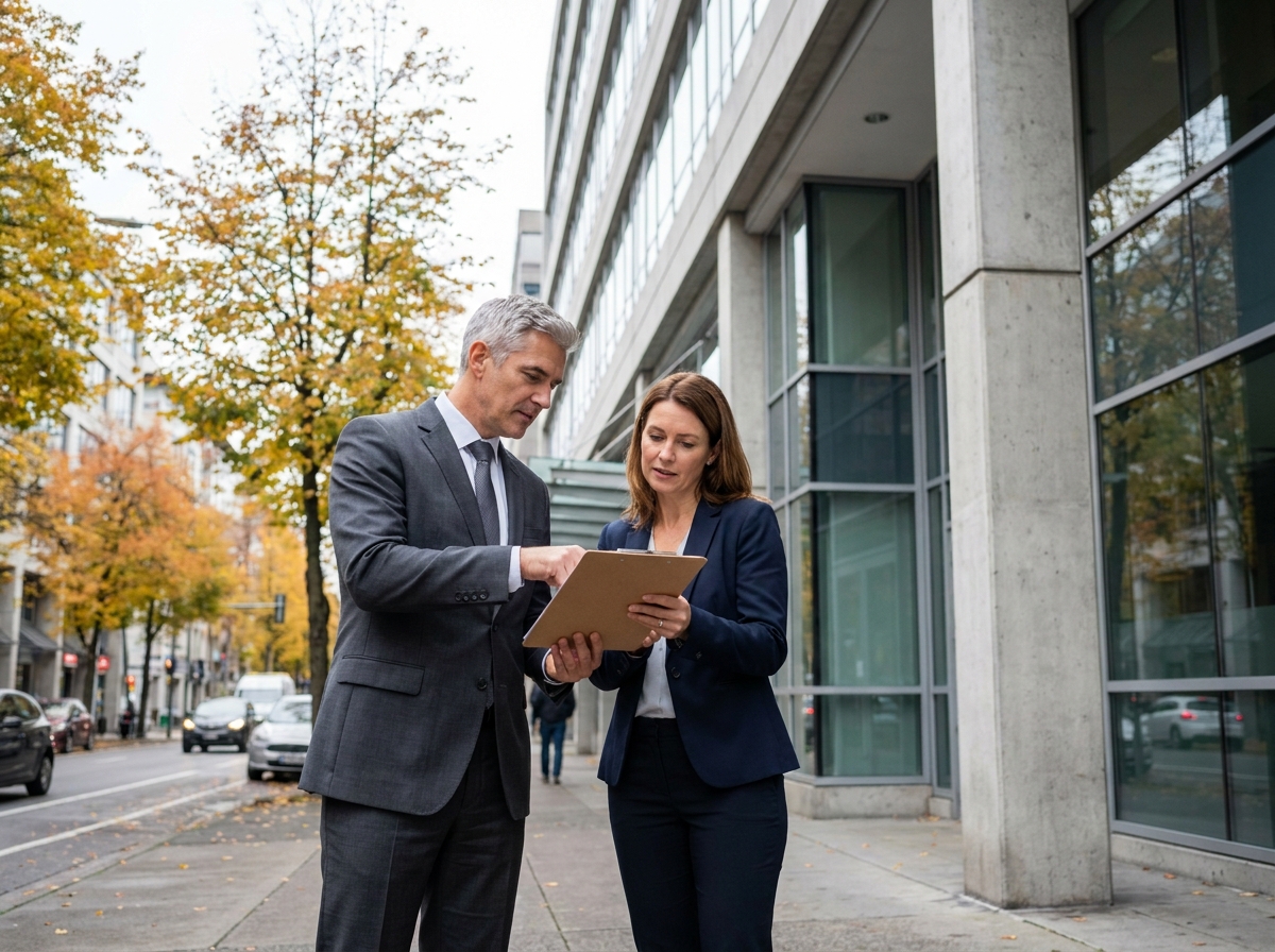 Deux experts immobiliers en discussion devant un immeuble commercial urbain multi-étages
