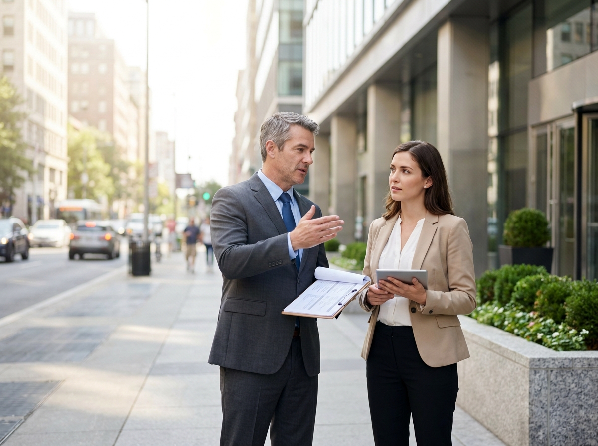 Deux gestionnaires d'actifs immobiliers en discussion devant un immeuble commercial contemporain